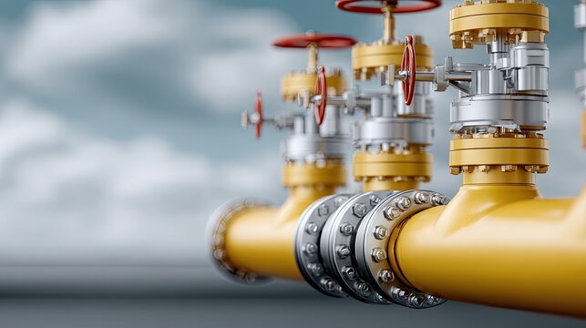 Industrial gas pipeline system with valves and yellow segments under cloudy sky during daylight hours
