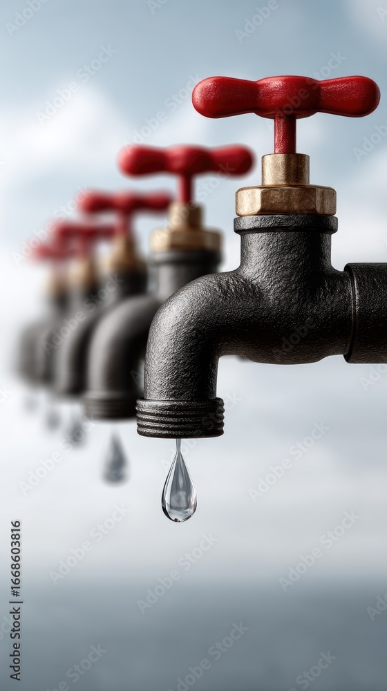 Poster multiple water taps with red handles in a row, showcasing a droplet forming from the last tap agains