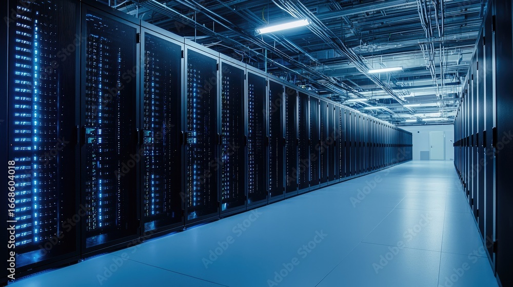 Poster modern data center with endless rows of black server cabinets illuminated by blue led lights, perfec