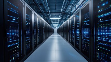 Fototapeta premium Modern data center with long corridor of illuminated black server cabinets and blue LED lights, perfect for cloud technology, IT infrastructure, networking, and cybersecurity concepts