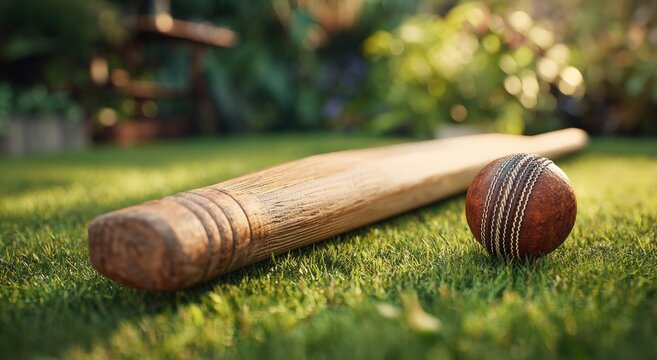 Cricket bat and ball on grassy outdoor scene
