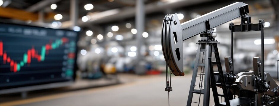 Oil extraction equipment displayed prominently in a modern industrial setting with financial data trends in the background during the day