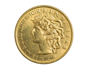 Medusa heMedusa head engraved gold coin isolatedad engraved gold coin isolated on a transparent background.