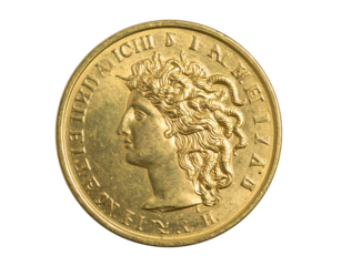 Medusa heMedusa head engraved gold coin isolatedad engraved gold coin isolated on a transparent background.
