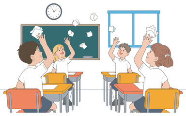 Joyful School Celebration Students Throwing Paper in Classroom