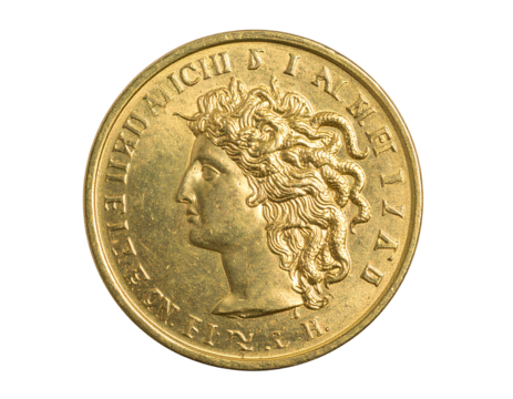 Medusa heMedusa head engraved gold coin isolatedad engraved gold coin isolated on a transparent background.