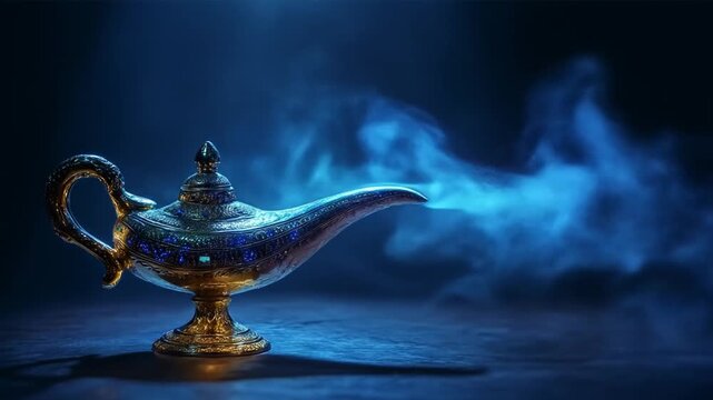 A beautifully crafted antique lamp emits mystical blue smoke, set against a dark background, evoking a sense of magic and wonder, ideal for fantasy-themed projects
