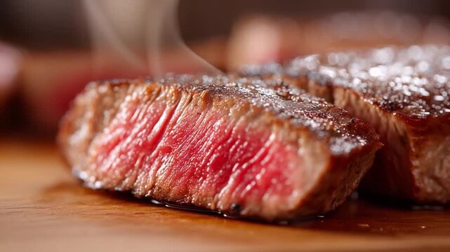 Juicy steak grilled beef medium rare tender meat smoky delicious closeup gourmet dinner protein meal with mouthwatering perfectly cooked steak, pink center, seared crust, hot steam rising