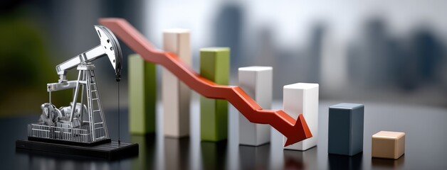 Oil pump jack next to declining bar graph illustrates the downturn in the oil market impacting economic trends and financial forecasts