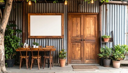 Cozy Outdoor Cafe Seating Area with Rustic Wooden Doors and Metal Walls