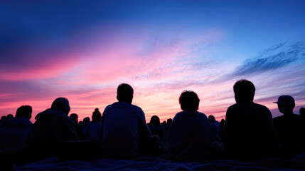 Obraz premium A serene sunset scene with silhouettes of people sitting together, enjoying the vibrant sky filled with pink and purple hues.
