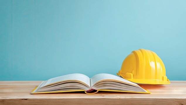 Open book & yellow helmet sit on a wooden surface against a teal wall