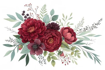 Beautiful watercolor bouquet of deep red peonies and greenery isolated on white background