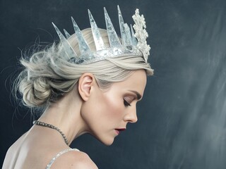 Elegant woman with icy crown and pale skin posing in profile against a dark background