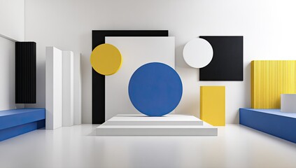 Abstract geometric composition featuring primary colors and white, arranged on various platforms within a minimalist white room