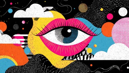 A stylized eye with lush lashes, nestled within a crescent moon shape, floats amidst a cosmic landscape of clouds, vibrant circles, and textured patterns on a dark background
