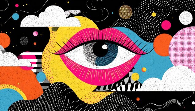 A stylized eye with lush lashes, nestled within a crescent moon shape, floats amidst a cosmic landscape of clouds, vibrant circles, and textured patterns on a dark background