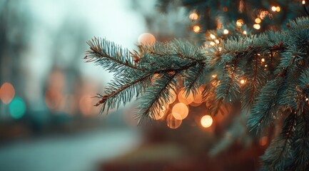 Close-up of a frosted evergreen branch adorned with warm-toned string lights, blurred city lights in the background