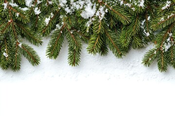 Evergreen branches dusted with snow rest atop a bed of fresh snow against a stark white background