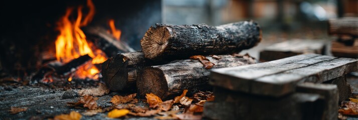 Campfire with logs and autumn leaves