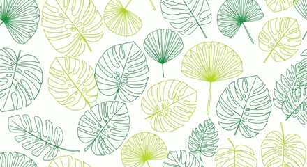 Vibrant seamless pattern of hand-drawn tropical leaf outlines in diverse green tones, perfect for botanical backgrounds, modern textile designs, and decorative projects