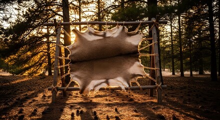 An animal hide stretched on a wooden frame to dry in the warm, golden sunlight of a forest.