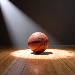 Obraz premium Basketball Centered on Hardwood Court Illuminated by Three Dramatic Studio Spotlights