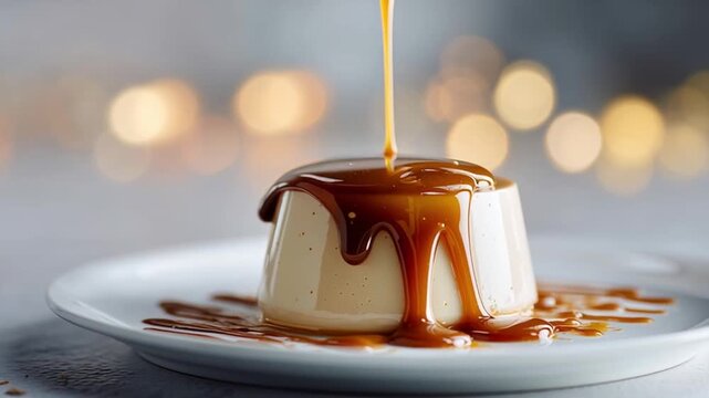Caramel dessert pudding with sweet creamy sauce on plate, gourmet delicious treat featuring indulgent flavors, smooth rich custard, golden syrup, festive blurred background, elegant homemade flan