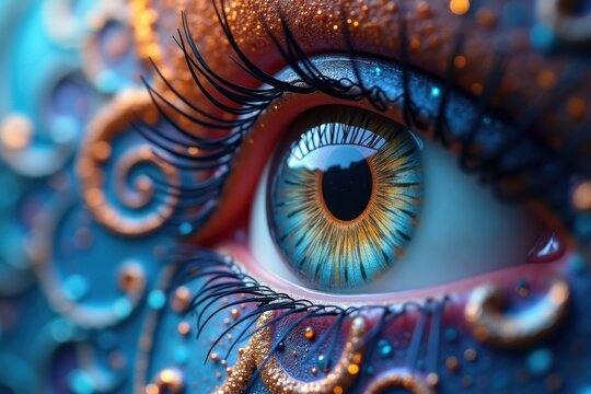 Close up of an ethereal eye with intricate celestial patterns and golden details