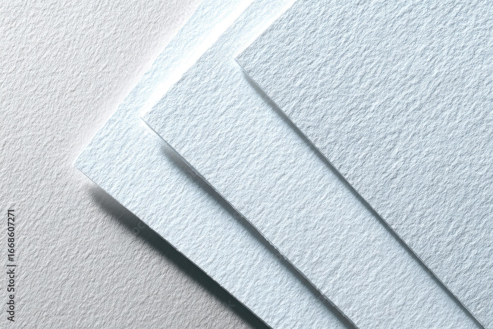 Poster close-up of three pale blue textured paper sheets angled against a lighter gray textured background,