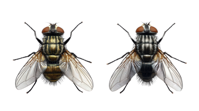 Pair of flies in different orientations for comparative study isolated on a Transparent background, PNG file.