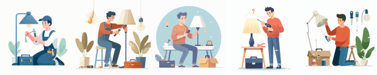 vector of young man repairing a lamp
