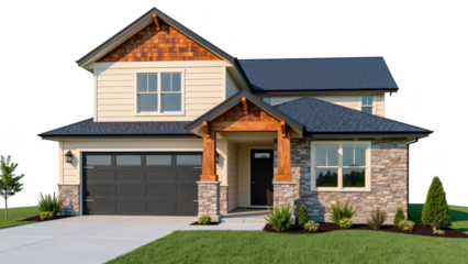 Modern house exterior design with combination of stone and wood accents, featuring spacious front porch and landscaped yard