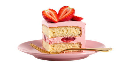 Delicious cake slice with pink frosting, strawberries, and golden fork on pink plate, perfect for dessert lovers