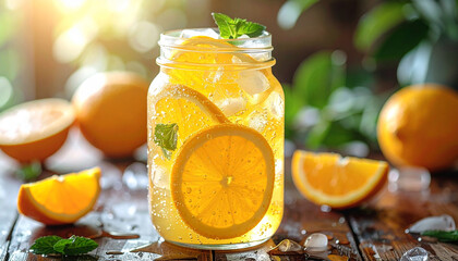 Mason jar with lemonade, orange slices and fresh mint leaves. Tasty drink. Delicious beverage.