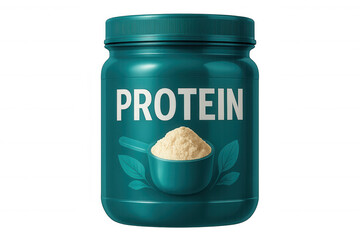 Protein powder container with measuring scoop, highlighting muscle-building nutrition against clean transparent backdrop