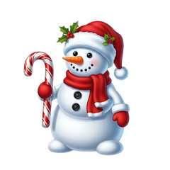 Adorable snowman wearing santa hat and scarf holding candy cane for festive winter holiday celebrations