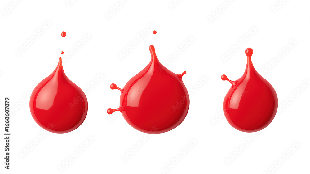 Poster Bright red liquid droplets create striking visual, showcasing glossy textures and dynamic splashes. Perfect for artistic or design projects