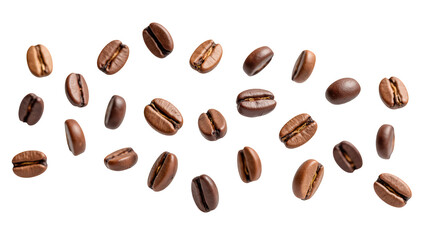 Fresh coffee beans scattered on transparency background, showcasing various shades and textures, perfect for coffee lovers