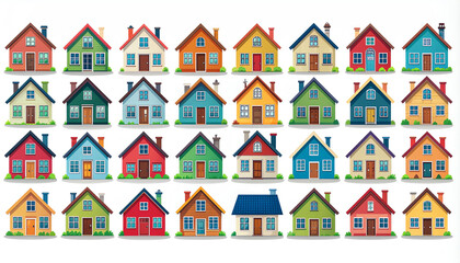 A colorful array of cartoon-style houses, showcasing diverse architectural designs and vibrant colors, arranged in a neat grid