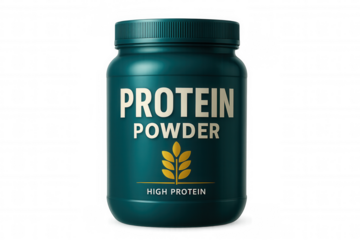 Green plastic protein powder container featuring gold label, transparent backdrop highlighting nutritional supplement for fitness goals