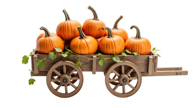 Fresh pumpkins in wooden cart, showcasing autumn harvest vibes and seasonal charm. Perfect for fall decorations and festive displays