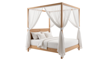 Luxurious four poster bed with white drapes, wooden frame, and plush bedding, creating cozy and elegant atmosphere