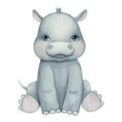 Hand drawn watercolor illustration. Cute little behemothe on white background.