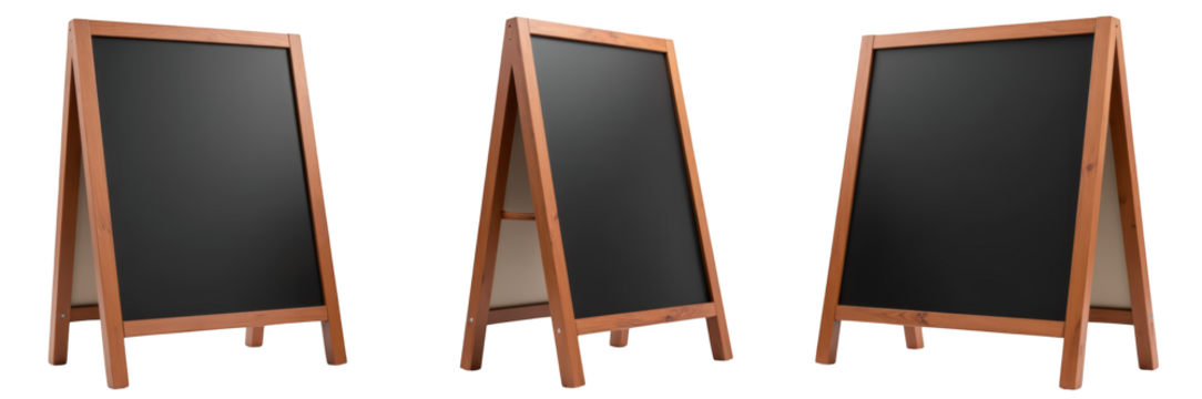 Wooden chalkboard stands in three positions, perfect for displaying menus or messages. Ideal for cafes, restaurants, or events