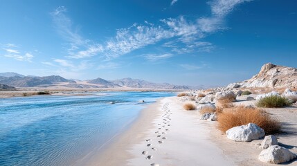 Footprints in Sand Leading to a Blue River in a Desert Landscape