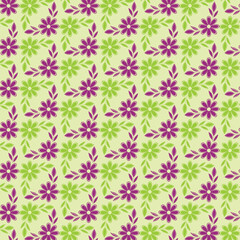 Seamless pattern of purple flowers and green leaf motifs across a bright yellow-green background white background