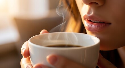 Woman enjoying a hot beverage. Close up of a woman holding a cup of coffee.