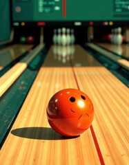 Bowling lane steward near the foul line marker with a vibrant orange ball