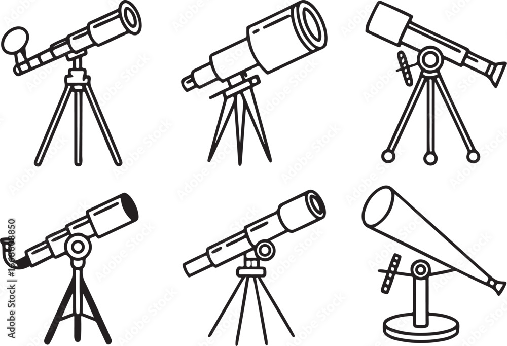 Poster telescope line art vector icon set. science and education flat black outline icons for web and app. 